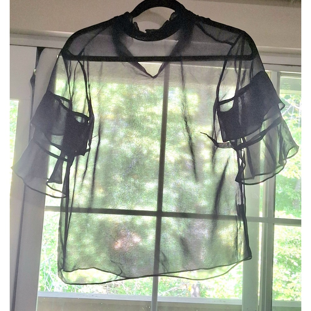 Vintage Scada Sheer Black WhimsyGoth Blouse Beaded Ruffle Neck Women's 36 XS/S